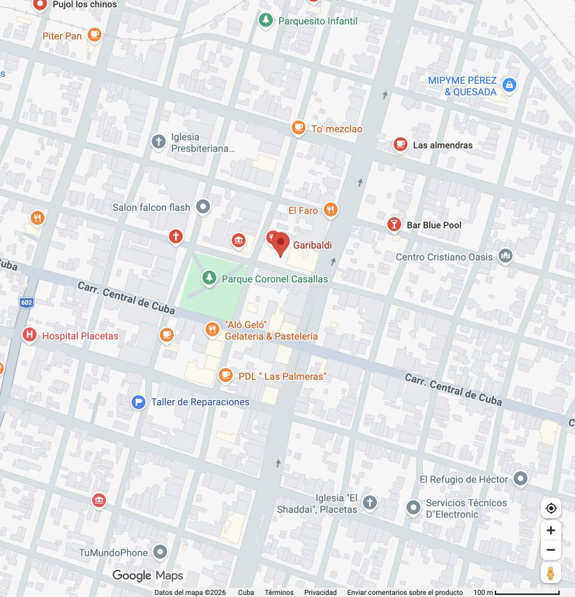 Mapa de Placetas con Garibaldi marcado junto al Parque Coronel Casallas